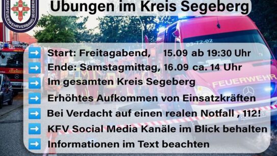 Kreisweite Übungen von Feuerwehr und Rettungsdiensten im Kreis am 15. und 16. Sep